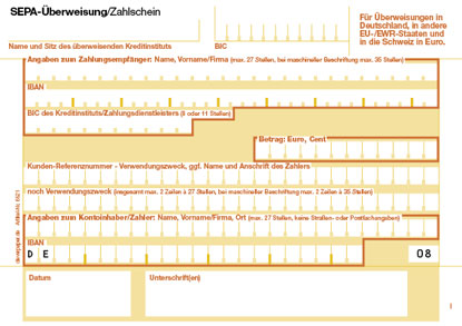 SEPA- berweisungsvordrucke gem der einheitlichen Zahlungsverkehrsvordrucken des Kreditgewerbes