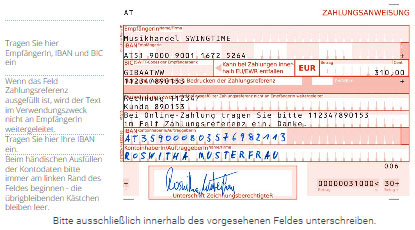 Hier sehen Sie als Beispiel eine vorbedruckte und ausgefllte ZAHLUNGSANWEISUNG innerhalb sterreichs